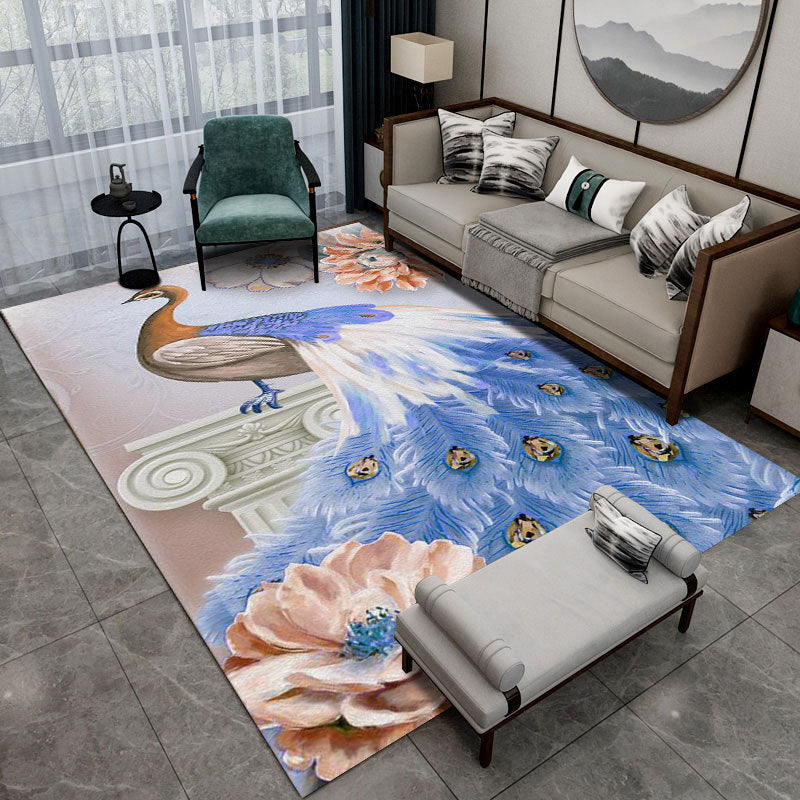 Contemporary Indoor Rug Gorgeous Peacock Pattern Rug Polyster Washable Area Rug for Living Room