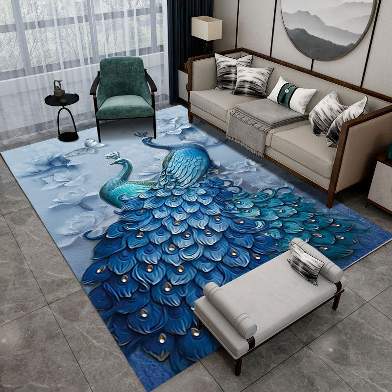 Contemporary Indoor Rug Gorgeous Peacock Pattern Rug Polyster Washable Area Rug for Living Room