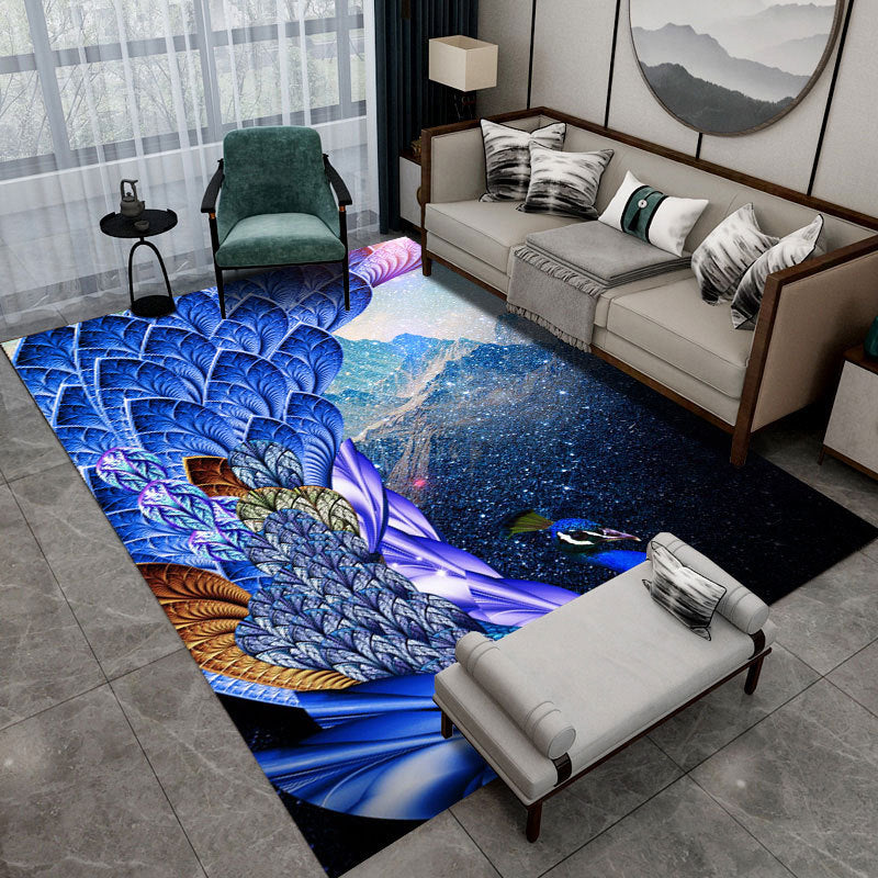 Contemporary Indoor Rug Gorgeous Peacock Pattern Rug Polyster Washable Area Rug for Living Room