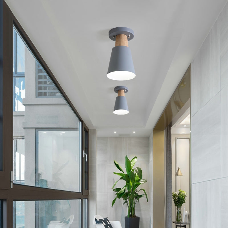 Macaron Conic Semi Flushmount Light 1 Head Metal Semi Flush Mount Ceiling Light in Grey/Pink/Yellow/Green