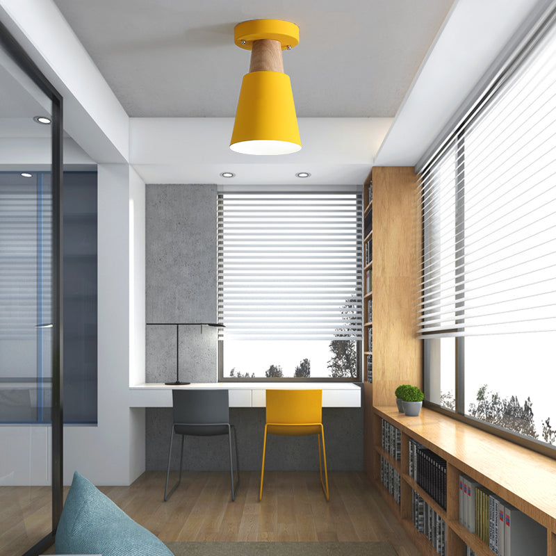 Macaron Conic Semi Flushmount Light 1 Head Metal Semi Flush Mount Ceiling Light in Grey/Pink/Yellow/Green