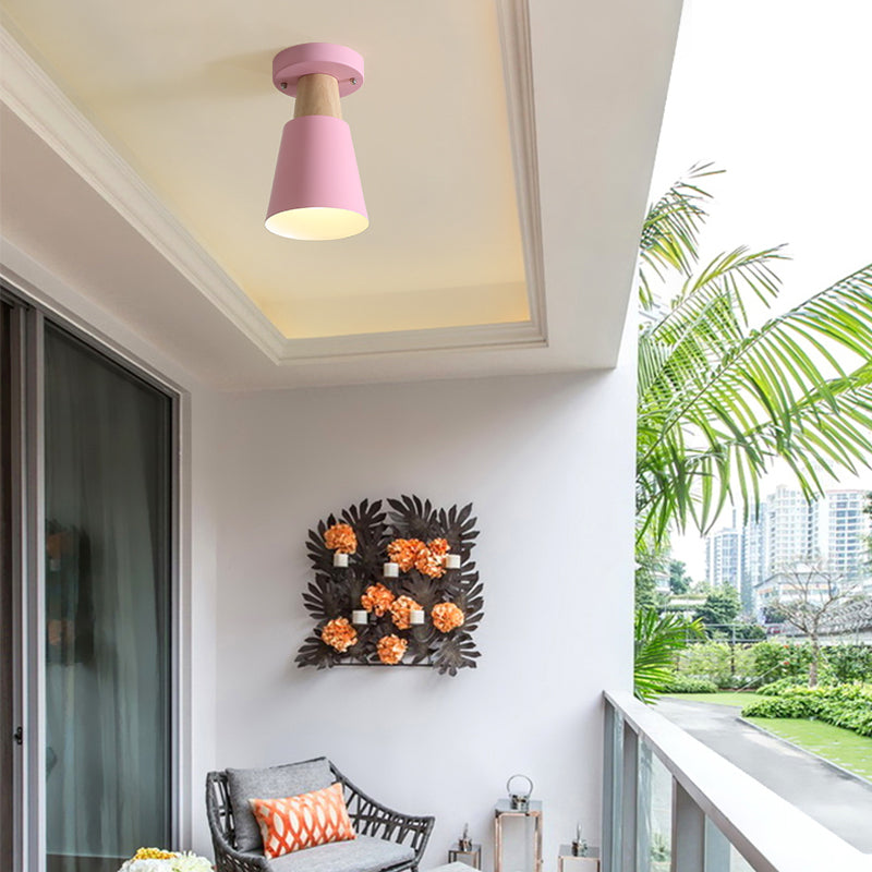 Macaron Conic Semi Flushmount Light 1 Head Metal Semi Flush Mount Ceiling Light in Grey/Pink/Yellow/Green