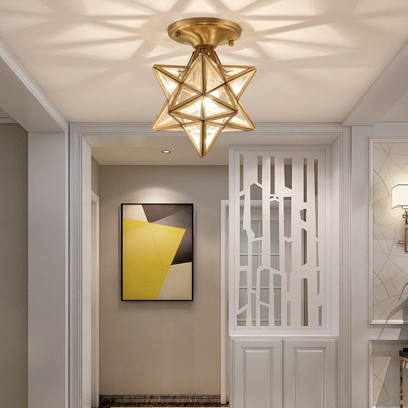Plafonnier étoile en cuivre à montage encastré d'intérieur de luxe colonial avec abat-jour en verre