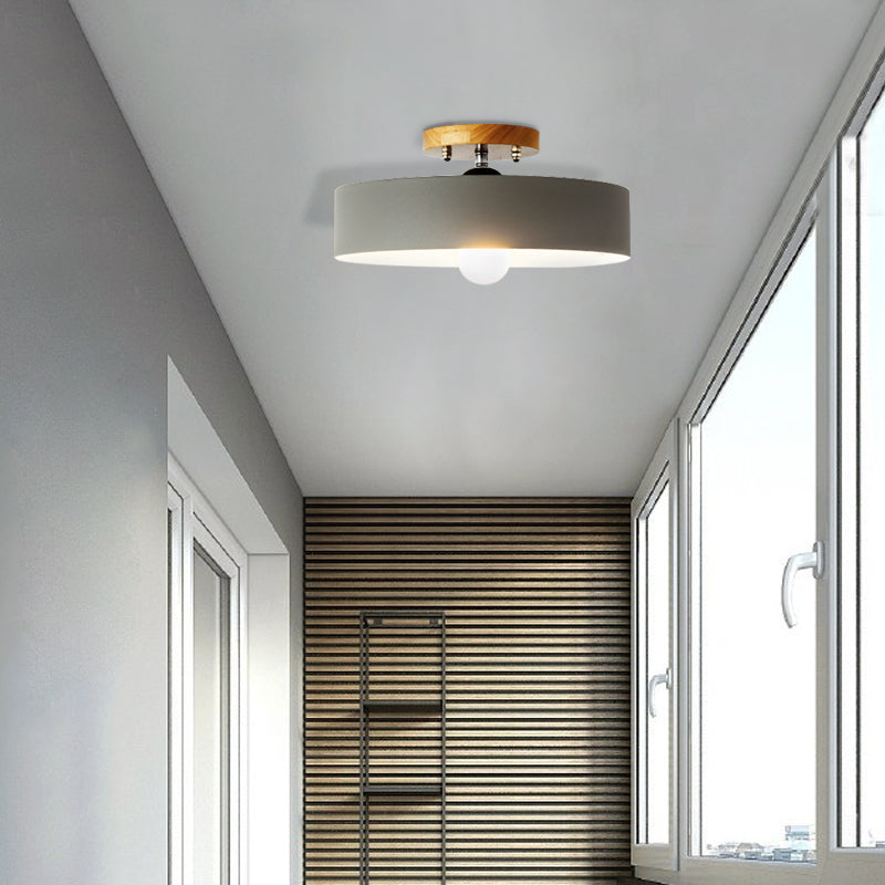 Drum Semi Mount Lighting Modernist Metal 1 Light 12" W Gray/White/Red/Pink Ceiling Mounted Fixture for Living Room