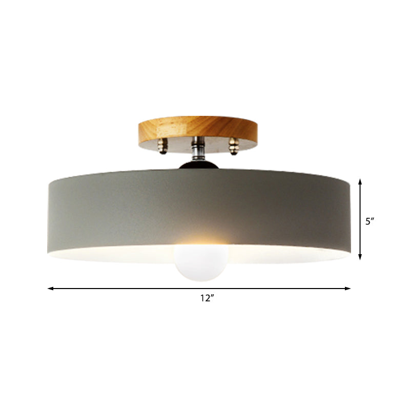 Drum Semi Mount Lighting Modernist Metal 1 Light 12" W Gray/White/Red/Pink Ceiling Mounted Fixture for Living Room