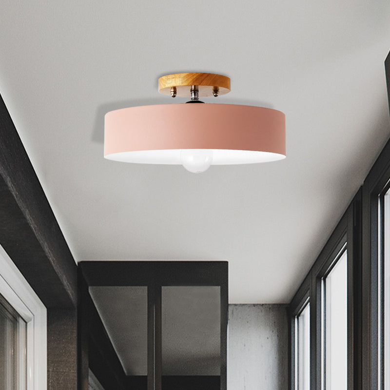 Drum Semi Mount Lighting Modernist Metal 1 Light 12" W Gray/White/Red/Pink Ceiling Mounted Fixture for Living Room