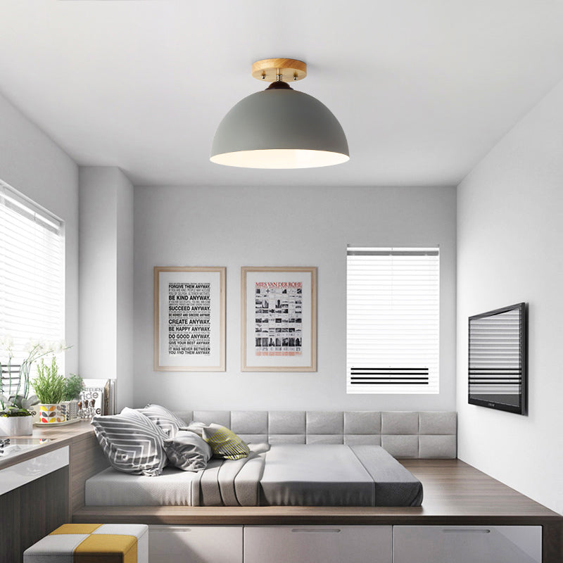 Red/Pink/White/Gray Domed Semi Flushmount Light Macaron Metal 1 Head Bedroom Semi Flush Ceiling Light, 12" W