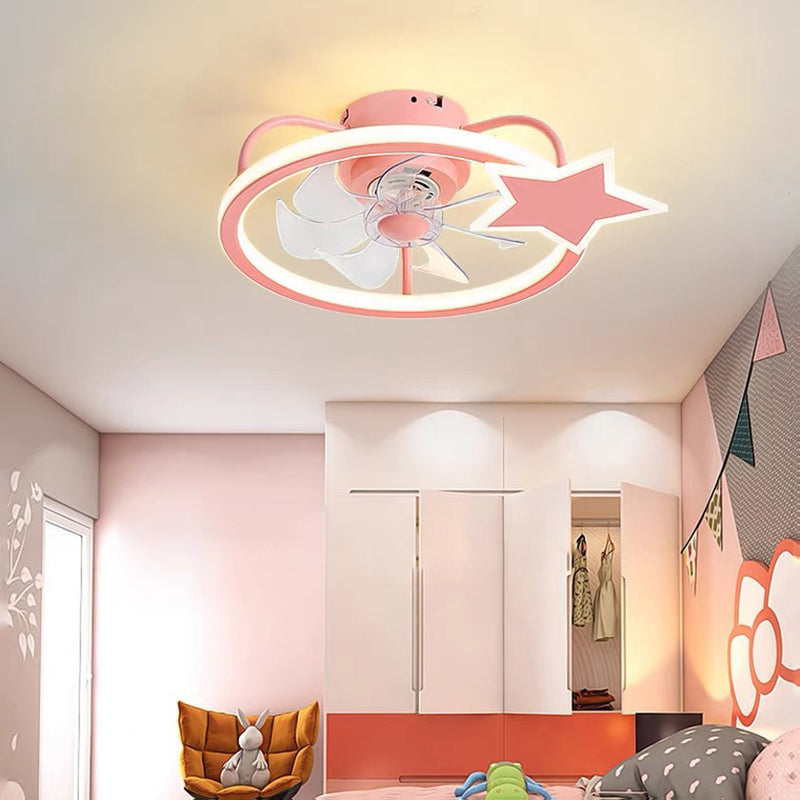 Kids Creative LED Fan Light Lacquered Iron Geometric Ceiling Fans with Acrylic Shade for Bedroom