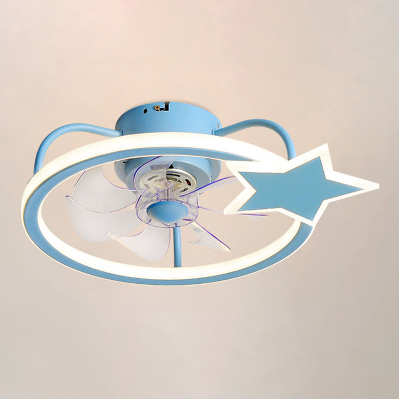 Kids Creative LED Fan Light Lacquered Iron Geometric Ceiling Fans with Acrylic Shade for Bedroom