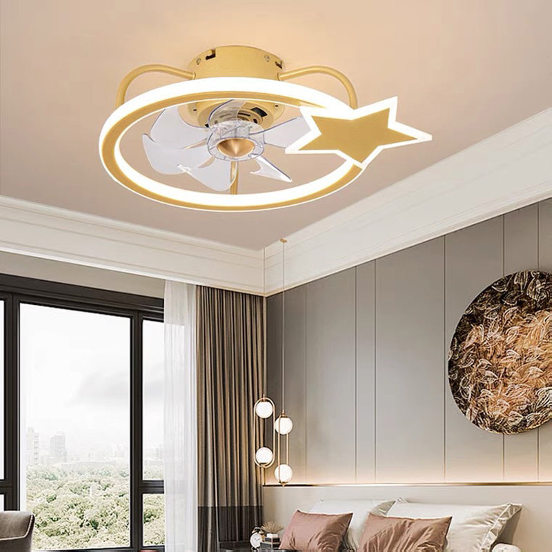 Kids Creative LED Fan Light Lacquered Iron Geometric Ceiling Fans with Acrylic Shade for Bedroom