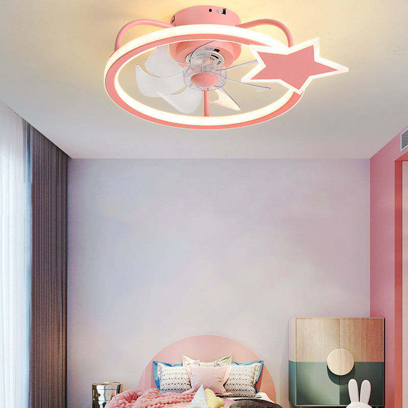 Kids Creative LED Fan Light Lacquered Iron Geometric Ceiling Fans with Acrylic Shade for Bedroom