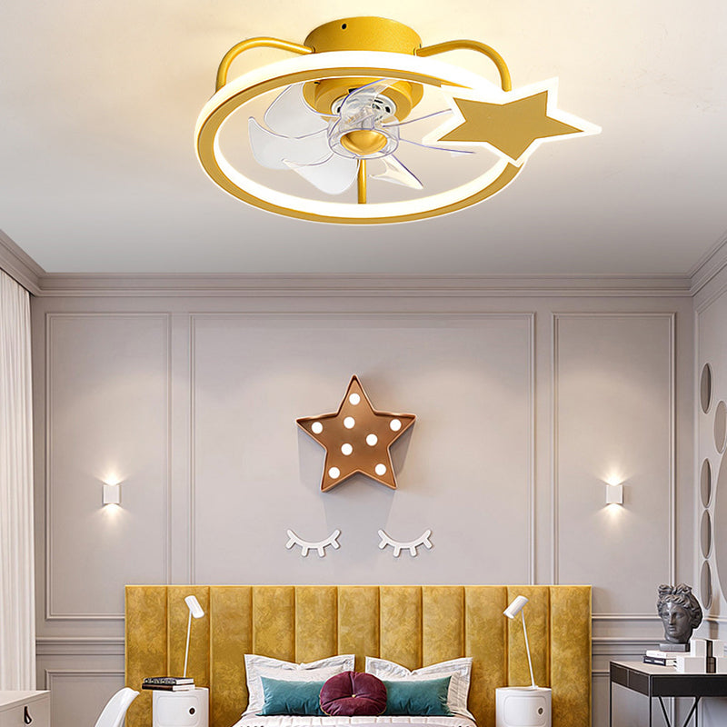 Kids Creative LED Fan Light Lacquered Iron Geometric Ceiling Fans with Acrylic Shade for Bedroom