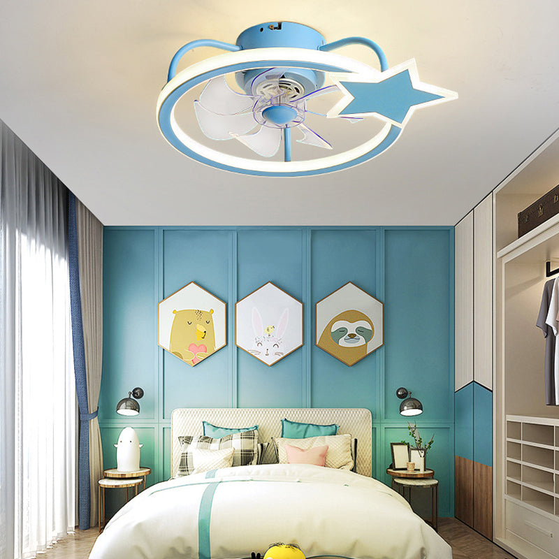 Kids Creative LED Fan Light Lacquered Iron Geometric Ceiling Fans with Acrylic Shade for Bedroom