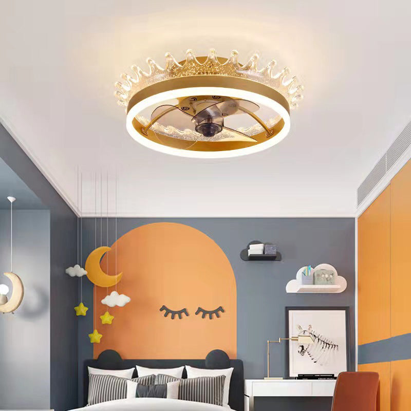 Ventiladores de techo LED de oro acrílico en niños Estilo creativo Luz de techo de hierro forjado para dormitorio