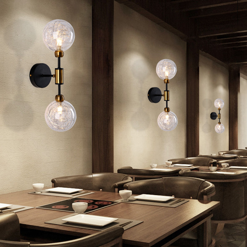 1/2 Lights Orb Wall Light Fixture Vintage Clear Glass Shade Wall Sconce Lighting in Black/Gold