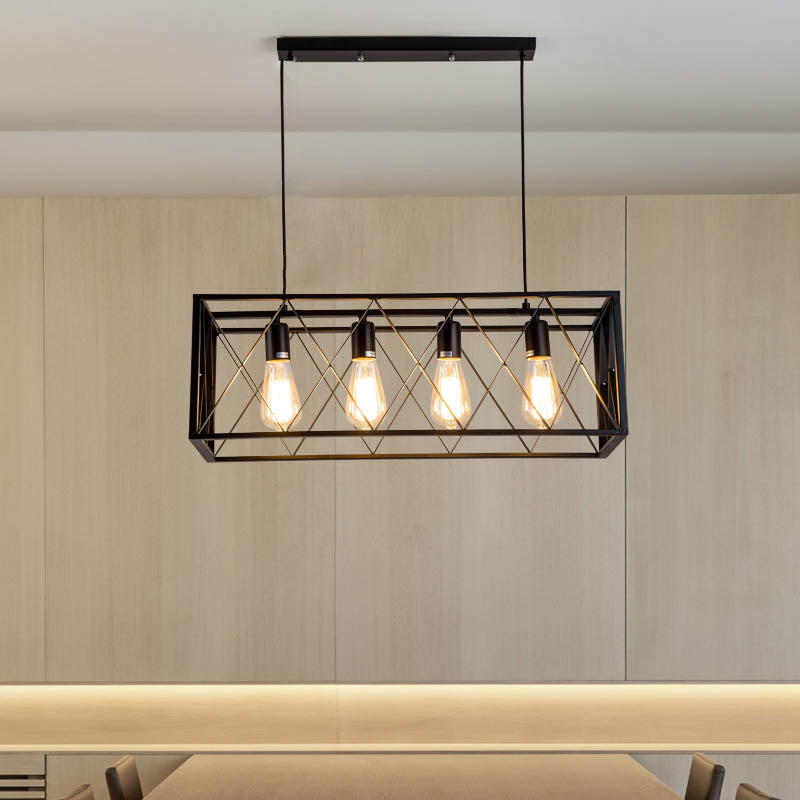 Black Cage Linear Chandelier 4/6 Lights Industrial Island Pendant Lights for Living Room