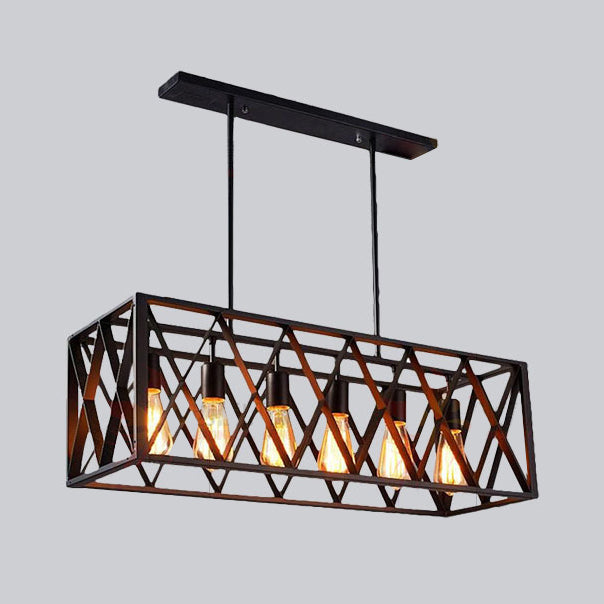 Black Cage Linear Chandelier 4/6 Lights Industrial Island Pendant Lights for Living Room
