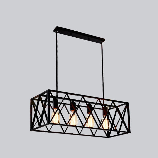 Black Cage Linear Chandelier 4/6 Lights Industrial Island Pendant Lights for Living Room