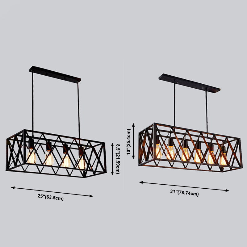 Black Cage Linear Chandelier 4/6 Lights Industrial Island Pendant Lights for Living Room