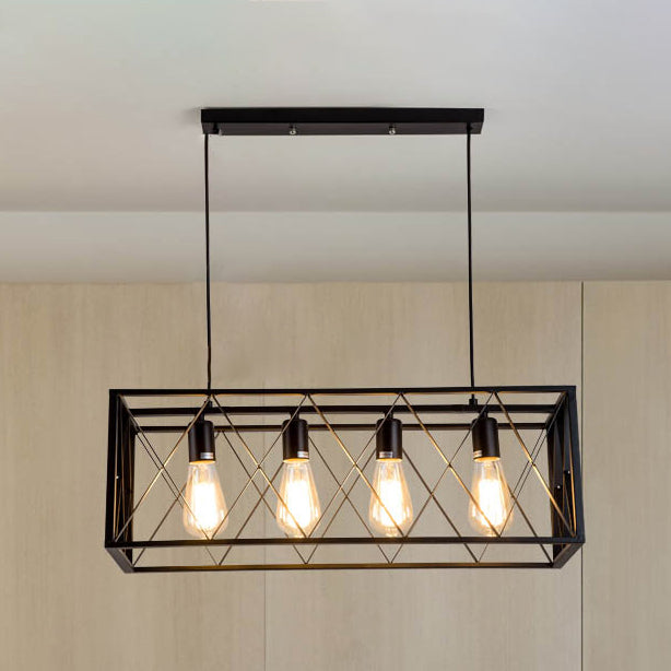 Black Cage Linear Chandelier 4/6 Lights Industrial Island Pendant Lights for Living Room
