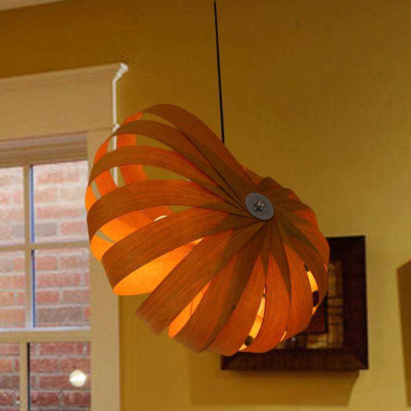 1 Head Restaurant Ceiling Light Asian Yellow Pendant Lighting Fixture with Curvy Wood Shade