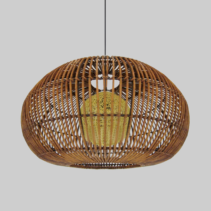 Lampada a ciondolo a 1 ristorante a testa Asia Coffee Impiccing Lampada con tonalità di rattan lanterna