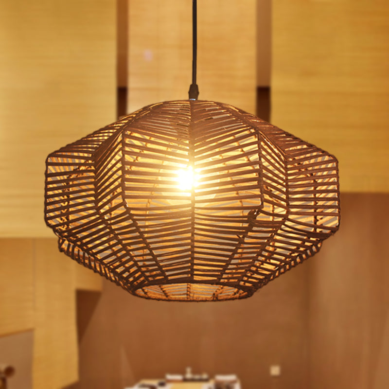 Laser Cut Pendant Lighting Japanese Rattan 1 Bulb Ceiling Suspension Lamp in Coffee
