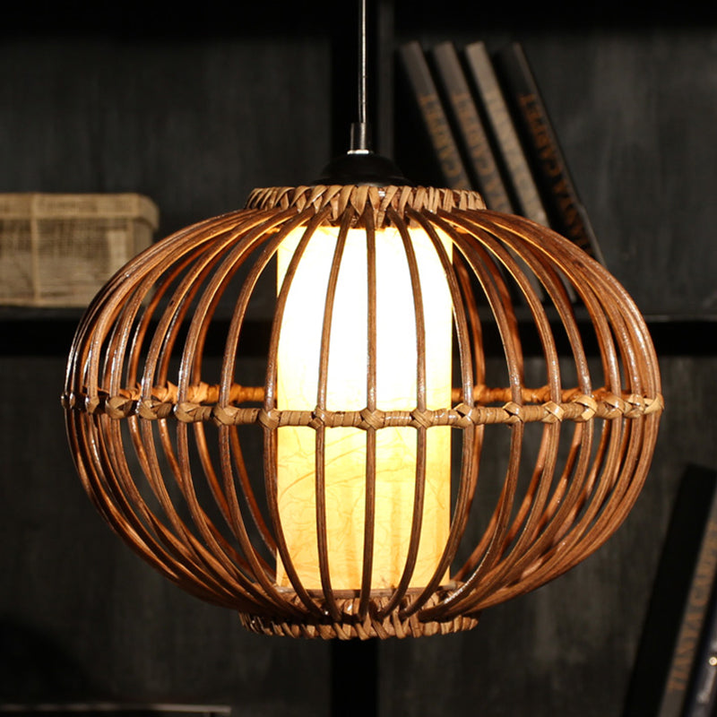 Bamboo Lantern Ceiling Light Asian 1 Bulb Brown Pendant Lighting Fixture with Inner Cylinder Parchment Shade