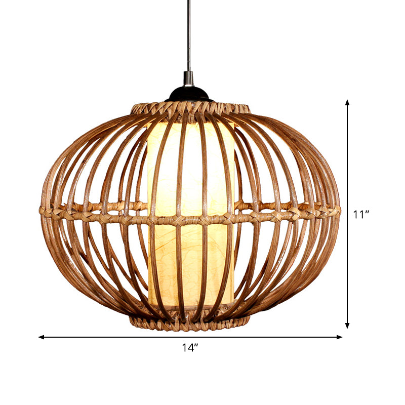 Bamboo Lantern Ceiling Light Asian 1 Bulb Brown Pendant Lighting Fixture with Inner Cylinder Parchment Shade