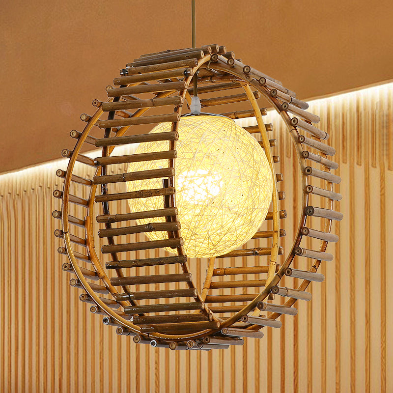 Sphere Bamboo Hanging Light Asian 1 Bulb Khaki Pendant Lighting Fixture for Bedroom