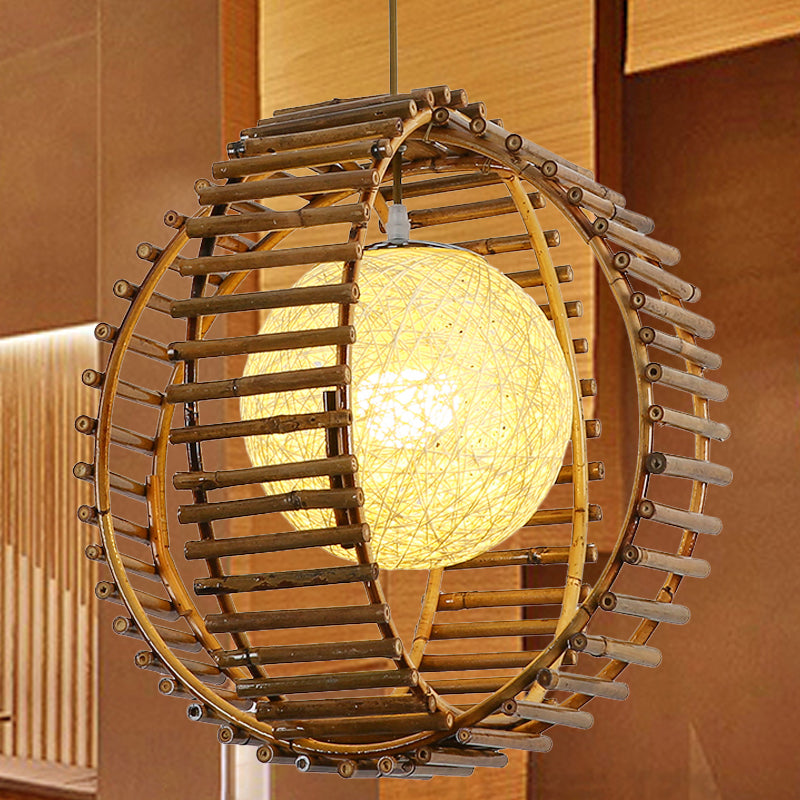 Sphere Bamboo Hanging Light Asian 1 Bulb Khaki Pendant Lighting Fixture for Bedroom