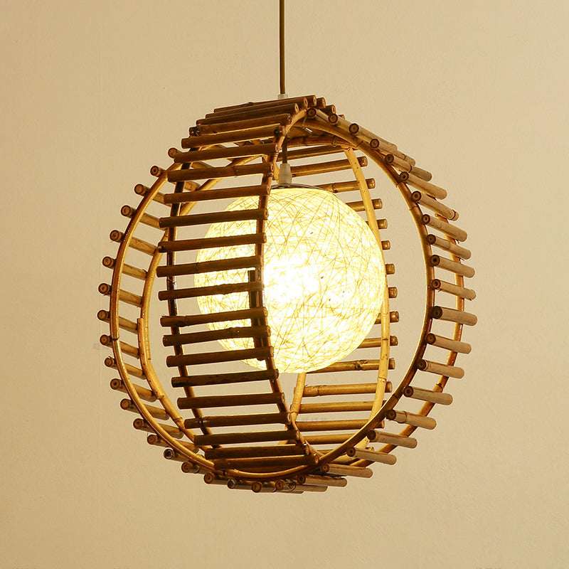 Sphere Bamboo Hanging Light Asian 1 Bulb Khaki Pendant Lighting Fixture for Bedroom