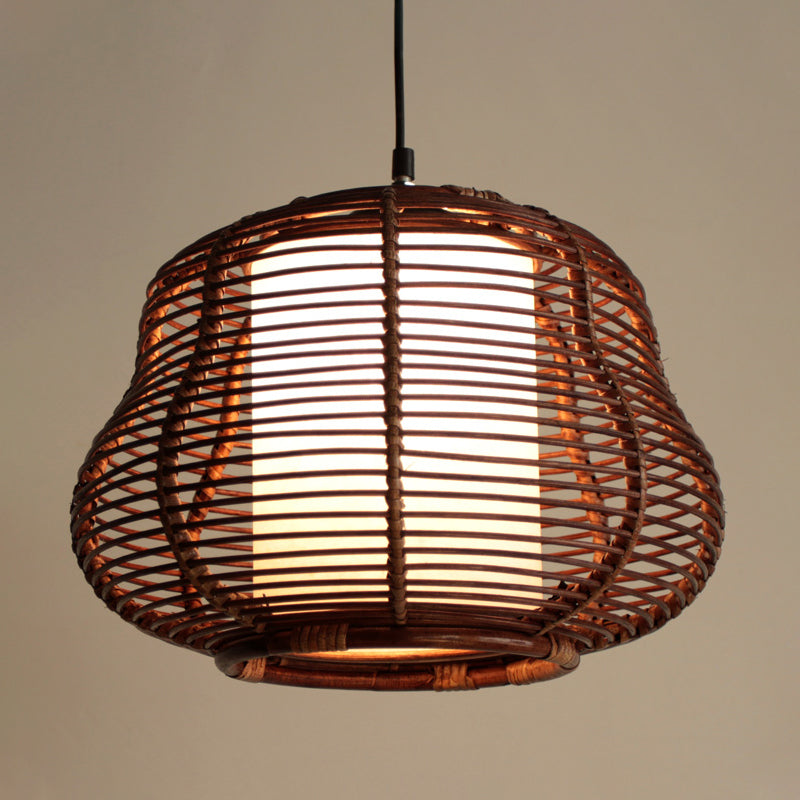 Lámpara colgante de calabaza marrón Asia 1 Bombo Bambú Luz de techo colgante con tono tubular blanco interno