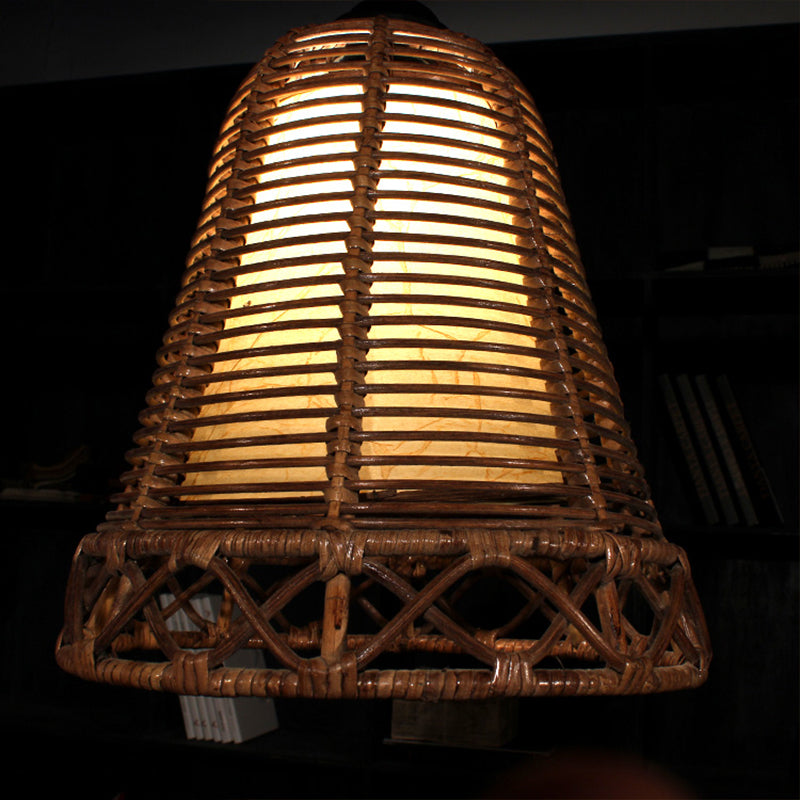 Lámpara japonesa de puso de trompeta bambú 1 lámpara de suspensión de techo de bombilla en caqui