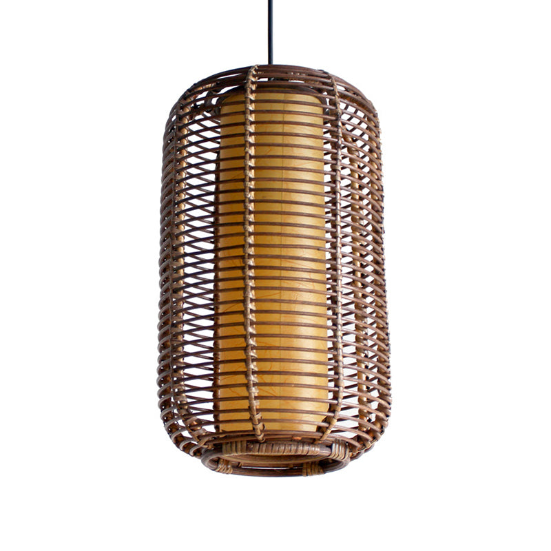 Cylindrical Pendant Light Japanese Bamboo 1 Head Suspended Lighting Fixture in Brown