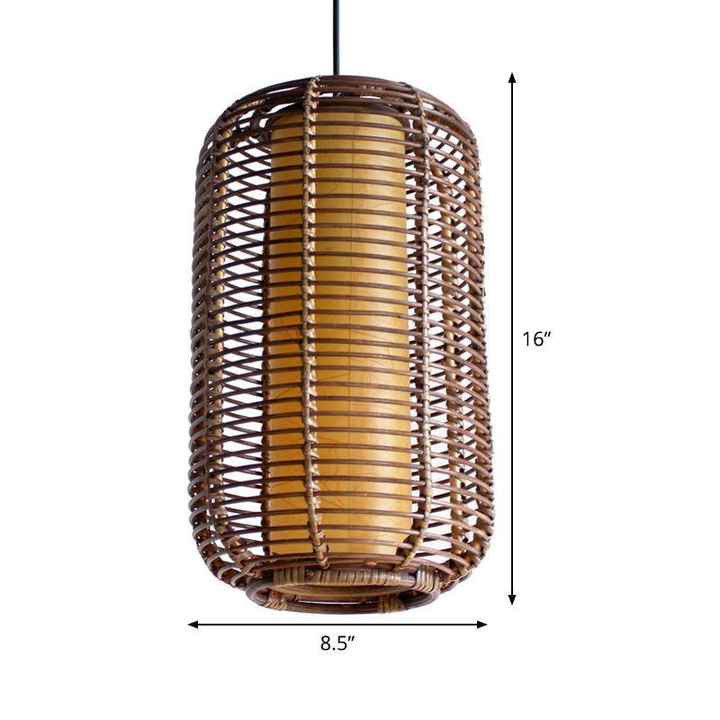 Cylindrical Pendant Light Japanese Bamboo 1 Head Suspended Lighting Fixture in Brown