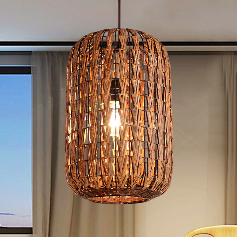 1 Head Restaurant Ceiling Light Asian Brown Pendant Lighting Fixture with Barrel Rattan shade