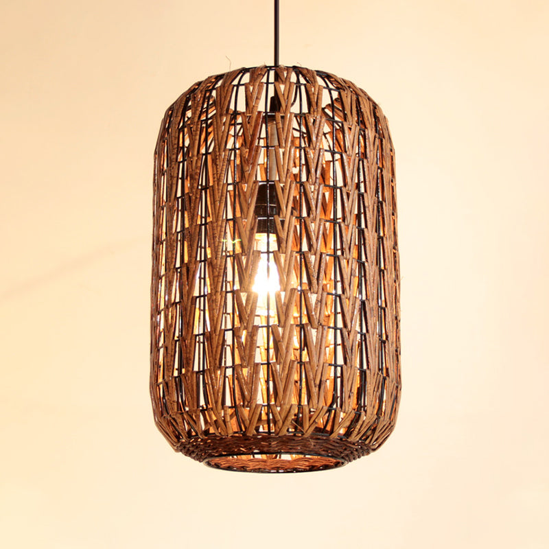 1 Head Restaurant Ceiling Light Asian Brown Pendant Lighting Fixture with Barrel Rattan shade