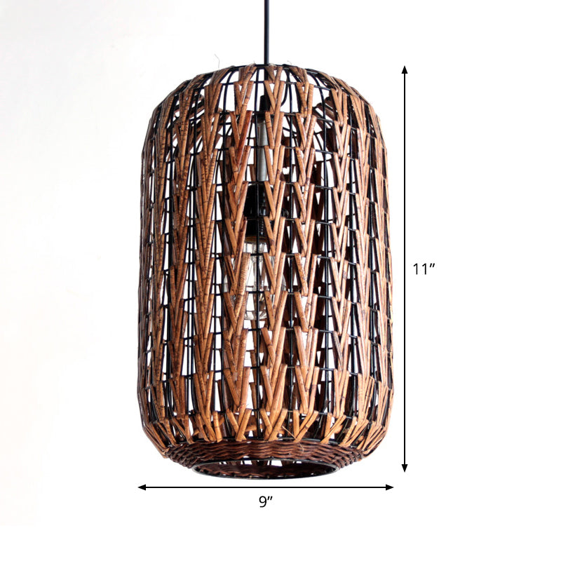 1 Head Restaurant Ceiling Light Asian Brown Pendant Lighting Fixture with Barrel Rattan shade
