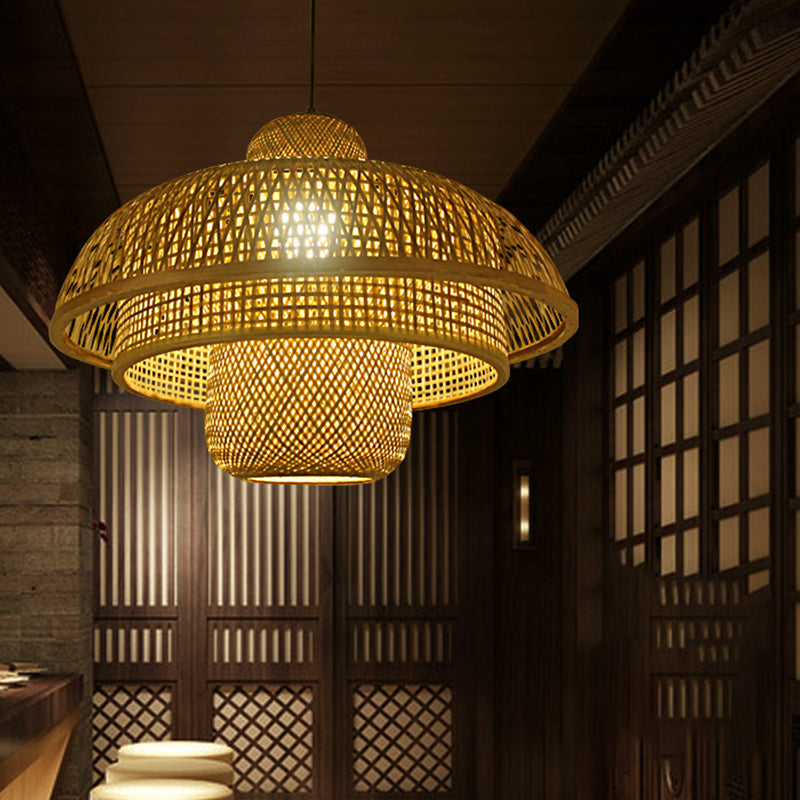 1 Bulb Teahouse Pendant Lamp Asia Flaxen Ceiling Hanging Light with Tiered Bamboo Shade