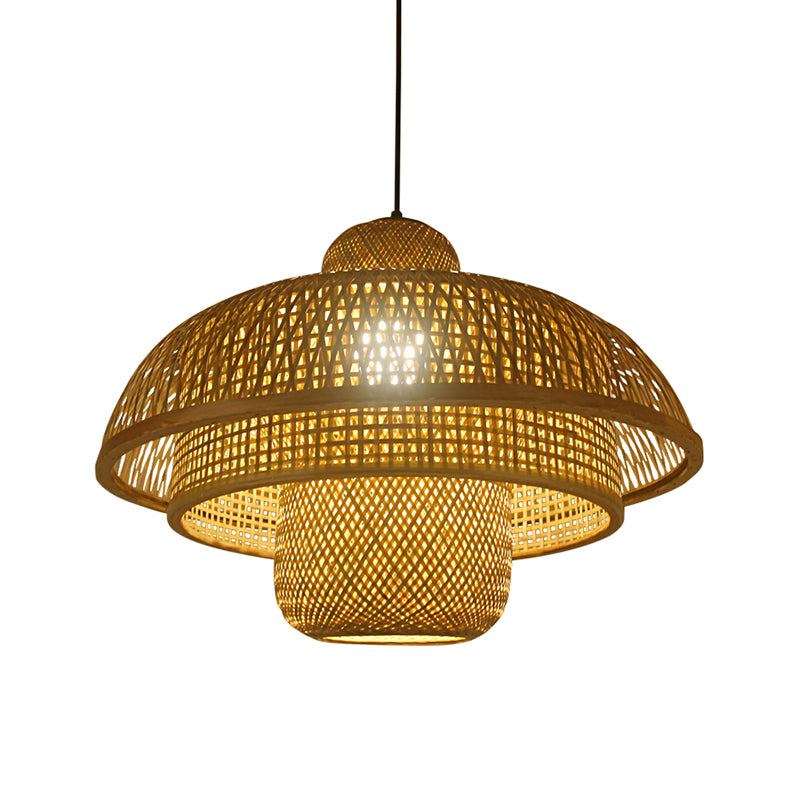 1 Bulb Teahouse Pendant Lamp Asia Flaxen Ceiling Hanging Light with Tiered Bamboo Shade