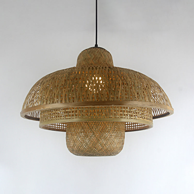 1 Bulb Teahouse Pendant Lamp Asia Flaxen Ceiling Hanging Light with Tiered Bamboo Shade