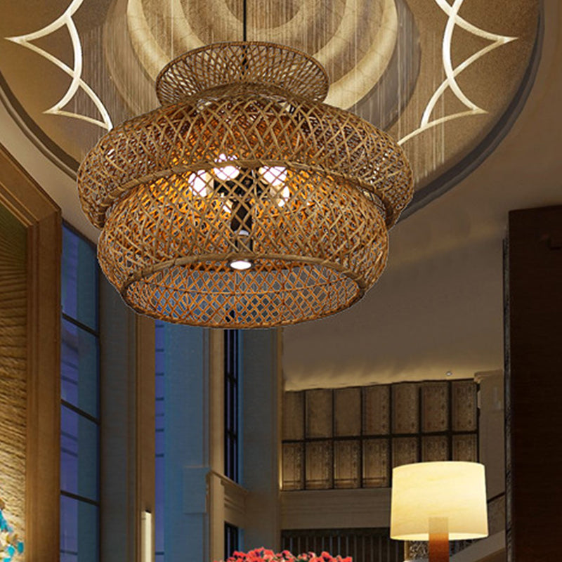 6 Heads Wide Flare Ceiling Chandelier Asian Bamboo Hanging Pendant Light in Brown