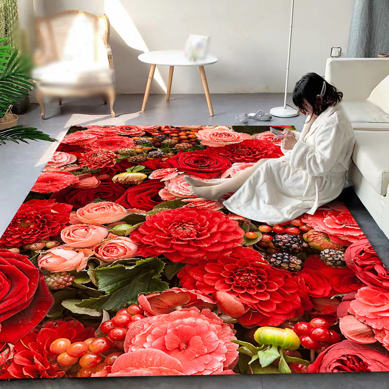Red Living Room Area Rug Modern Floral Pattern Polyester Area Carpet Easy Care Washable Rug