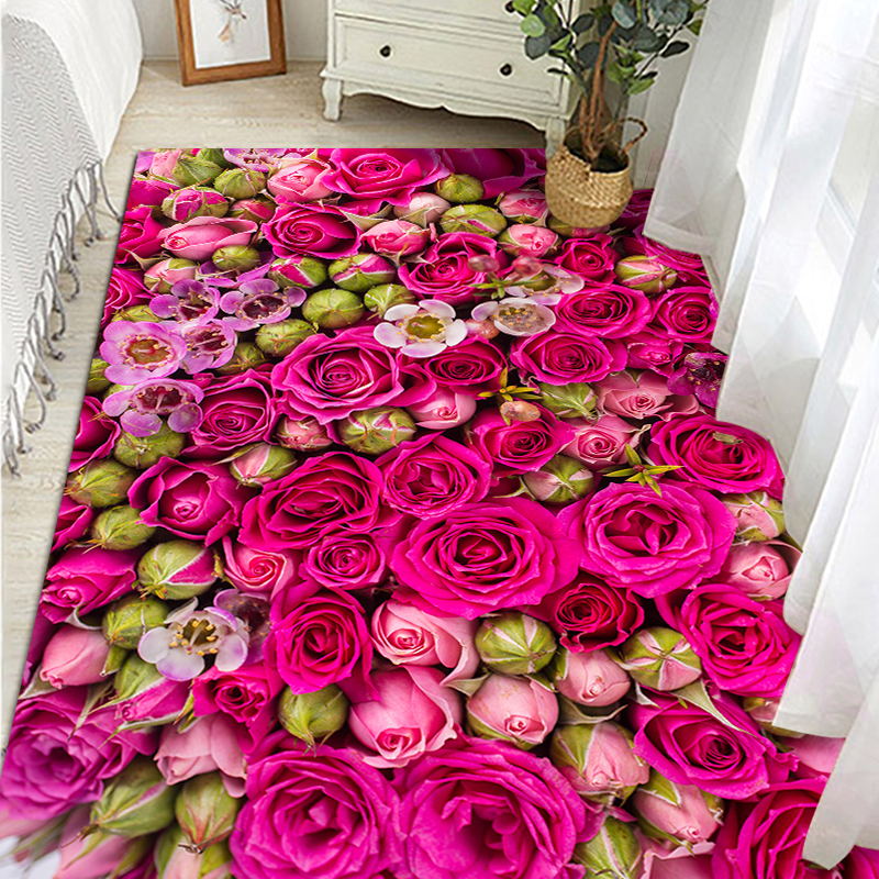 Red Living Room Area Rug Modern Floral Pattern Polyester Area Carpet Easy Care Washable Rug