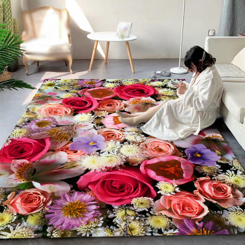 Chic Floral Pattern Area Carpet Pink Modern Area Rug Polyster Non-Slip Rug for Living Room