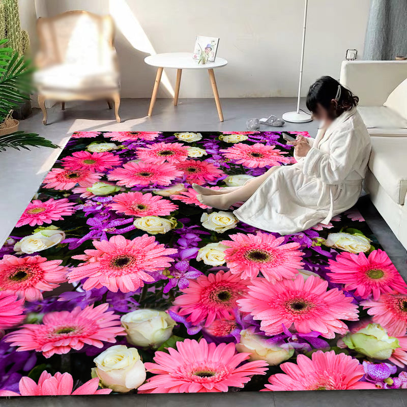 Chic Floral Pattern Area Carpet Pink Modern Area Rug Polyster Non-Slip Rug for Living Room