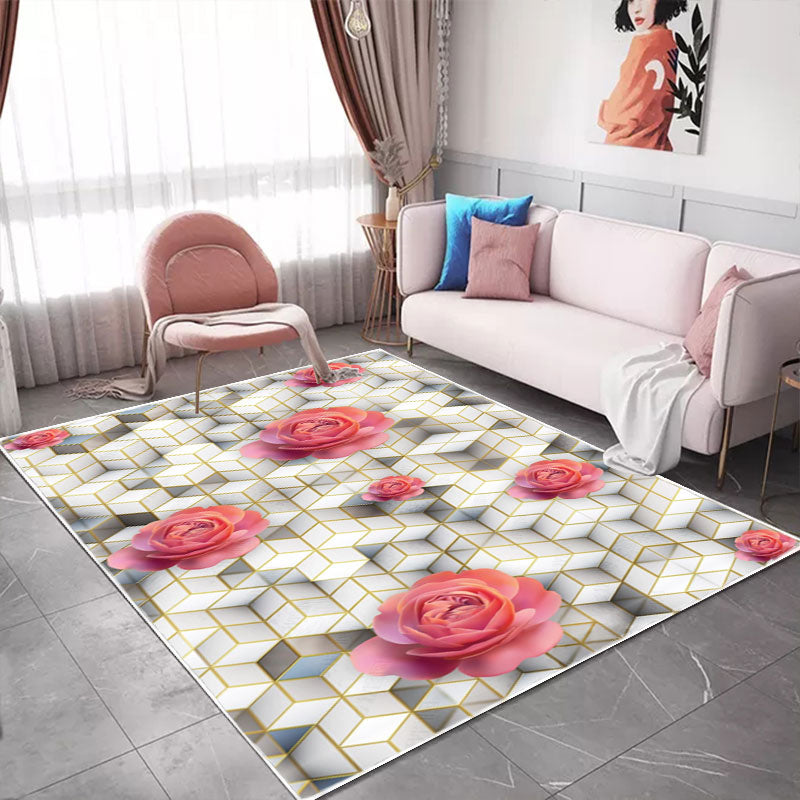 Blue Floral Pattern Rug Modern Polyester Area Carpet Anti-Slip Washable Rug for Home Decor