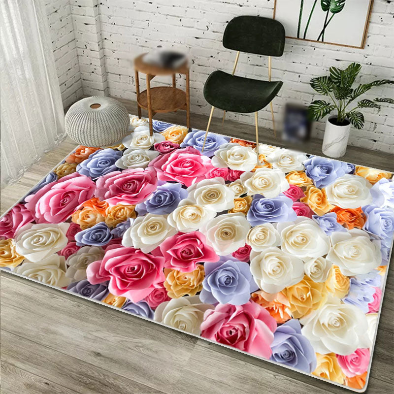 Modern Floral Pattern Area Rug Pink Polyester Area Carpet Non-Slip Backing Rug for Home Decor