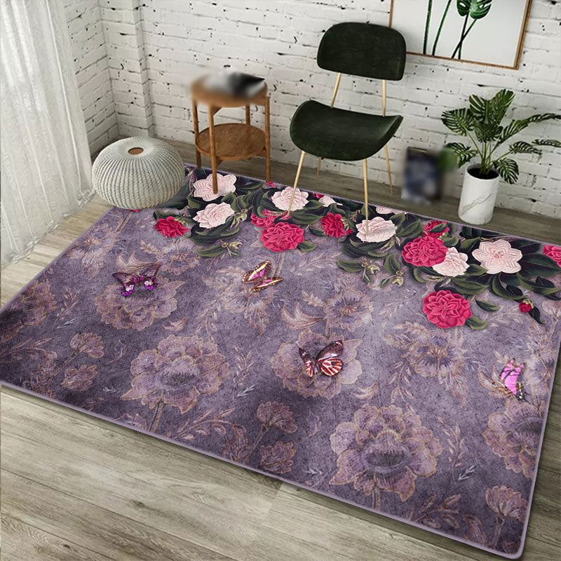 Modern Floral Pattern Area Rug Pink Polyester Area Carpet Non-Slip Backing Rug for Home Decor